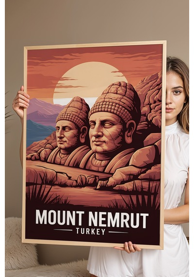 Nemrut Dağı Tablo - Retro Travel Poster - Adıyaman Şehiri Duvar Dekoru - Çerçeveli İllüstrasyon Kayın Nemrut Dağı Tablo - Retro Travel Poster - Adıyaman Şehiri Duvar Dekoru - Çerçeveli İllüstrasyon Kayın