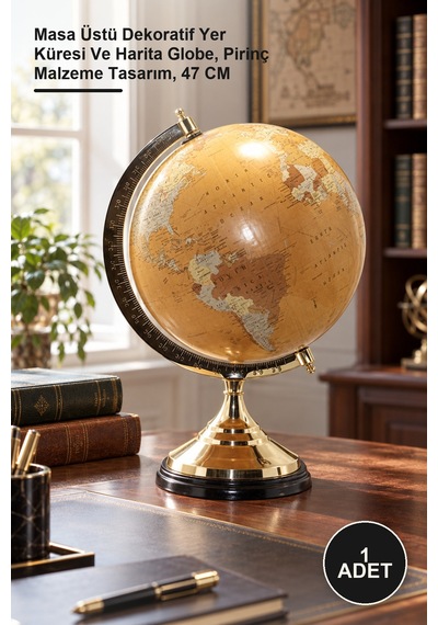 1 Adet Pirinç Dünya Küre Masa Üstü Dekoratif Yer Küresi Ve Harita Globe, Pirinç Malzeme Tasarım, 47 Cm