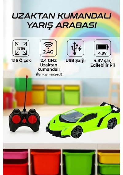 Uzaktan Kumandalı 4 Fonksiyonlu Işıklı 1:16 Ölçekli Usb Şarjlı 2.4ghz 10-15km/h Oyuncak Spor Araba Yeşil