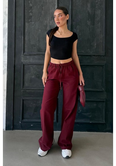 Madmext Bordo Beli Büzgülü Wide Leg Kumaş Pantolon Mg1950 Bordo