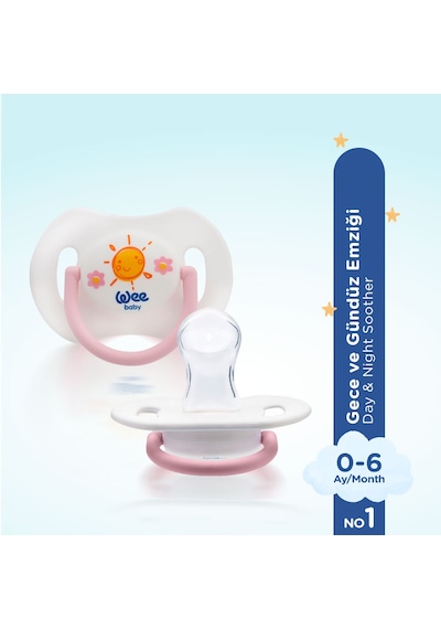 Wee Baby 2'li Gece Gündüz Damaklı Silikon Emzik 0-6 Ay (Saklama Kabı Hediyeli) Pembe