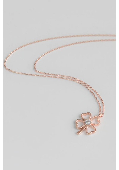 Papatya Silver Kadın Tektaşlı Yonca Model Rose Kaplama 925 Ayar Gümüş Kolye