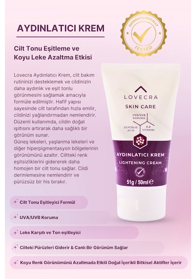 Aydınlatıcı Krem El Bakım E & A Vitamini Ton Eşitleyici Nemlendirici Gliserin Aha D-panthenol 50ml