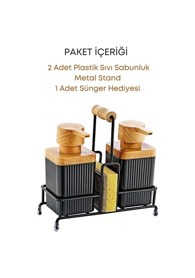 Grimorlife Mimoza Metal Standlı Ahşap Detaylı Bulaşık Deterjanı Ve Sıvı Sabunluk Mutfak Seti-sünger Hediyeli Siyah