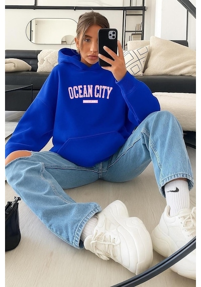 Benroma 3 İplik Penye Ocean Cıty Baskılı Sweatshırt Saks Mavisi