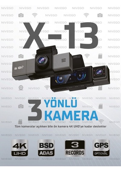 Dxtl X-13 4k 3 Kameralı Araç Içi Kamera 3.2 İnç Ekran Wifi Adas Bsd G-sensör Park Modu
