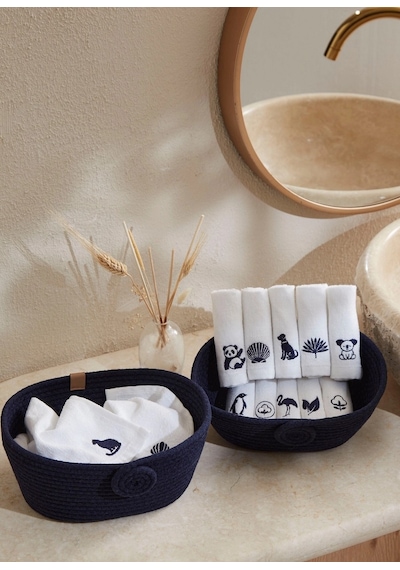 Özdilek Sepetli Wipure 12li Nakışlı Havlu20x20cm-lacivert Nakışlı Beyaz