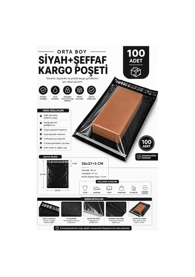 Orta Boy Siyah Şeffaf Kargo Poşeti 30x37+5 Cm 100 Adet
