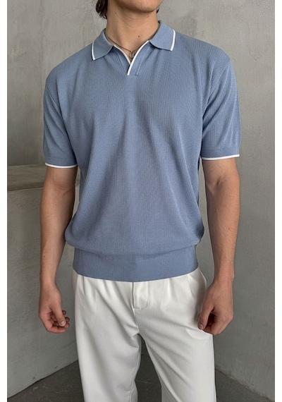 Erkek Oversize Selanik Polo Yaka Triko T-shirt Açık Mavi
