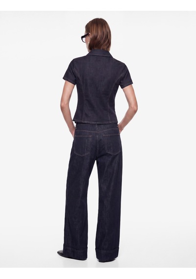 Koton Slim Fit Pamuklu Klasik Yaka Kısa Kollu Asimetrik Kesim Düğmeli Denim Bluz Koyu İndigo 7wal30005md Dark Indigo