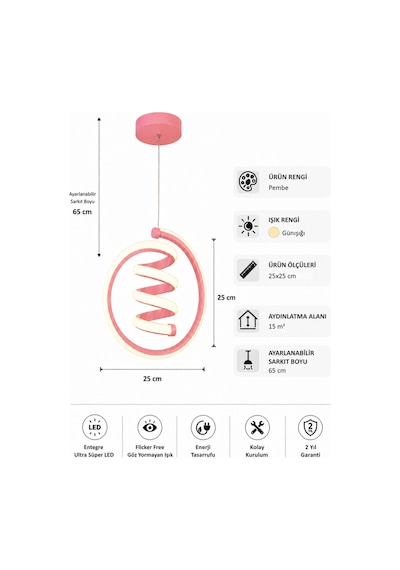 AvizeGO Venor Led Sarkıt Avize Çocuk Odası Günışığı Pembe