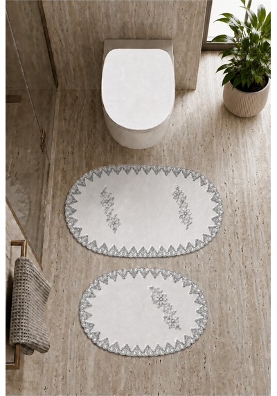 3lü Set Gümüş Fransız Dantelli Lüks Banyo Paspası Kaymaz Tabanlı Çeyizlik Hediyelik Banyo Paspas Set Mürdüm