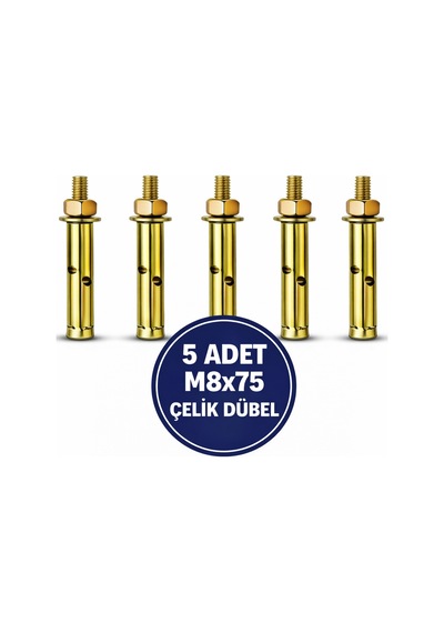 M8x75 Gömlekli Çelik Dübel 5 Adet Raf Montaj Bağlantı Zemin Tavan Asma Saplamalı 1