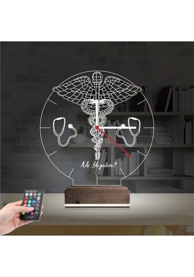 Luvivia Doktor Hediye Tıp Logo Kişiye Özel Saatli 3d Lamba - Masa Gece Lambası Şeffaf