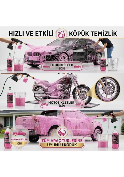 Akgüneş Motogaraj Konsantre Pembe Oto Şampuanı 2 Litre - 1/10 Sulandırılabilir Yüksek Köpüklü Araç Yıkama Cilası Yerli Üretim