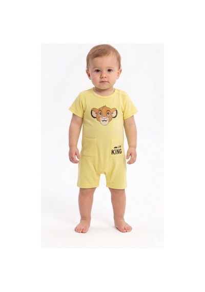 Erkek Bebek Aslan Baskılı Tulum Yazlık Kısa Kol Pamuklu Şort Tulum 3-6-9-12 Ay Açık Sarı