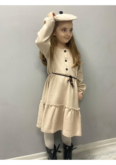 Kaşe Kumaş Şapkalı Kız Çocuk Elbise Mnk0559 001