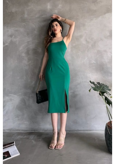 Nido Moda Kadın İp Askılı Yırtmaçlı Midi Dalgıç Elbise Yeşil