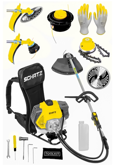 Schatz 5.9 Hp Sırt Tipi Benzinli Motorlu Ot Çalı Çim Biçme Tırpanı 11000rpm Sarı + Canavar Başlık