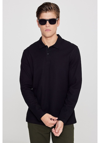AC&Co / Altınyıldız Classics  Erkek Sıyah %100 Pamuk Slim Fit Dar Kesim Polo Yaka Jakarlı Triko Tişört Siyah