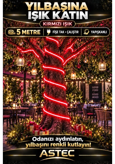 Astec Tak Çalıştır 5 Metre Yapışkanlı Kırmızı Şerit Led Yılbaşı Ağacı Süsü Ve Dekoratif Ev Aydınlatması Fişe 220v