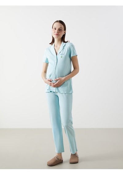 Lcw Dream Turkuaz Gömlek Yaka Nakışlı Hamile Pijama Takımı