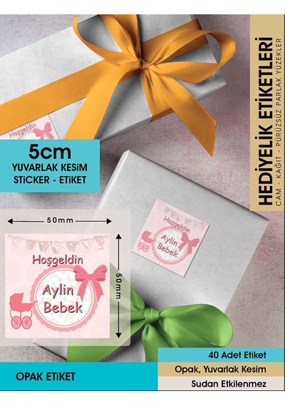 Fiyonklu Doğum Günü Etiketi - 5cm - 40 Adet Opak Sticker Renkli