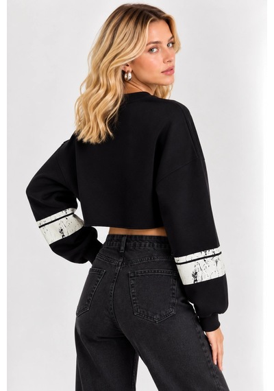 Mevese Malibu Baskılı Rahat Kesim Bisiklet Yaka Crop Sweatshirt- Siyah