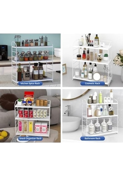 Ayarlanabilir Raflı 40cm Baharatlık, Organizer, Düzenleyizi Tezgahüstü Banyo, Mutfak, Ofis Model-1 Beyaz Açık Bej
