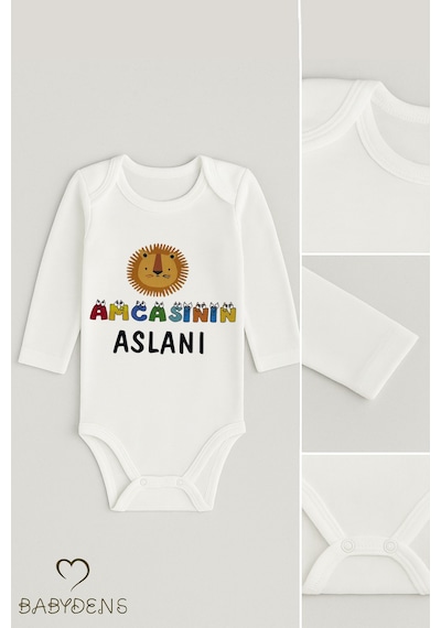Babyden's Amcasının Aslanı Baskılı, Uzun Kollu Bebek Body %100 Pamuk, Çıtçıtlı Zıbın Bebek Body Beyaz