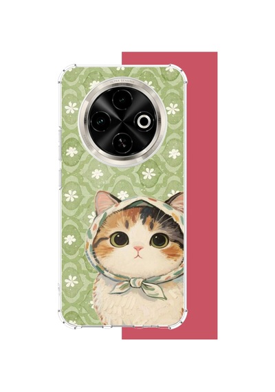 Tecno Spark 30c Uyumlu Yeşil Fularlı Kedi Baskılı Silikon Kılıf Renkli