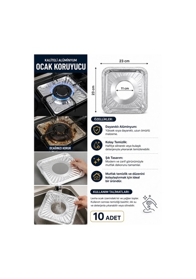 3b Trend 10 Adet Alüminyum Ocak Koruyucu 23x23 Cm Ocak Üstü Yağ Kir Koruma Levhası 11 Cm İç Çap