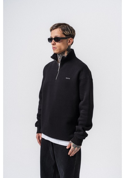 Erkek Respire Yazı Detaylı Yarım Fermuarlı Basic Sweatshirt Siyah