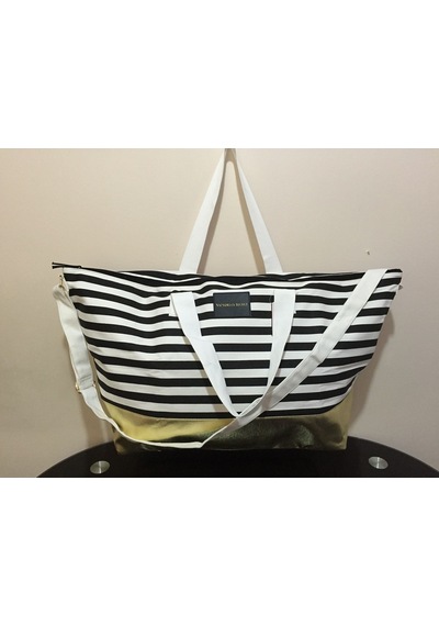 Victoria's Secret Vs Siyah Beyaz Çizgili Gold Taban Askılı Duffle Carryall Tote Siyah