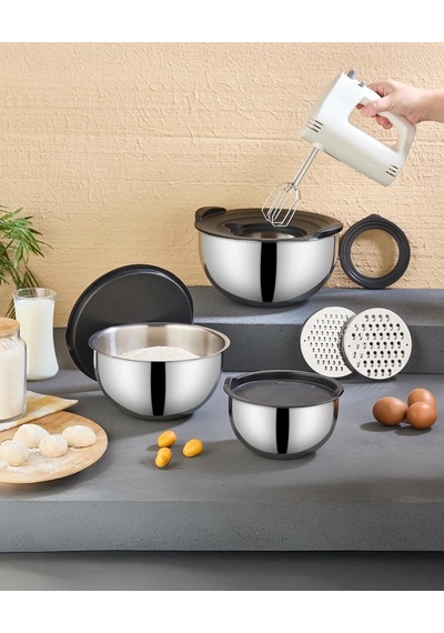 Pratikşef 9 Parça Rendeli Karıştırma Ve Saklama Kabı Paslanmaz Çelik Blender Uyumlu 16-20-24 Cm Gümüş