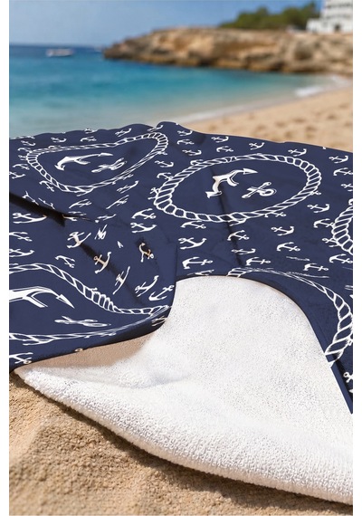 Çapa Marine Lacivert Plaj Havlu Örtüsu - Nautical Halat Motifli Hızlı Kuruyan Mikrofiber Havlu Örtü Çok Renkli
