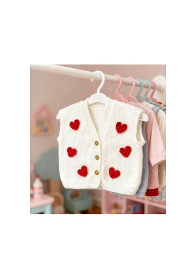 Nurera Design Kırmızı Kalpli 1 Yaş Bebek Yeleği Beyaz Beyaz