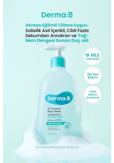 Akneye Eğilimli Ciltlere, Arındırıcı, Yağ-nem Dengesi Sunan Duş Jeli Derma:b Ac Control Body Wash Beyaz Sabun
