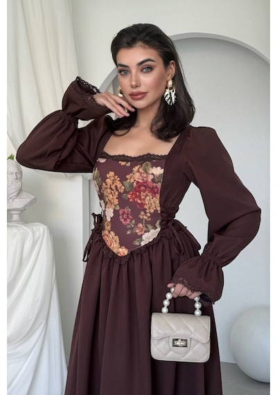 Nils Boutique Vintage Korsajlı Midi Elbise Kahverengi