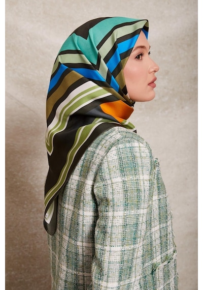 Levidor Kare Desenli Twill İpek Eşarp-0920 Haki