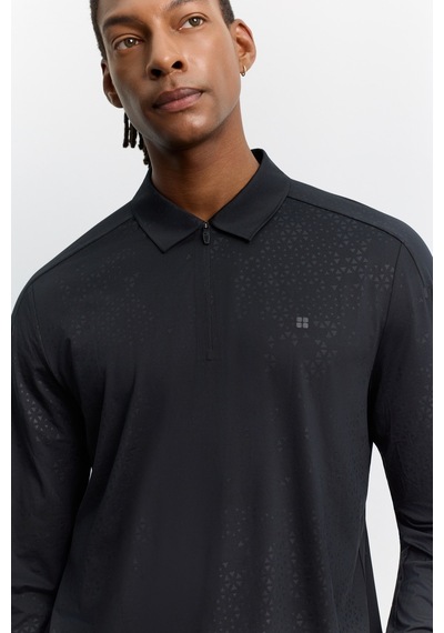 Avva Erkek Siyah Polo Yaka Düğmeli Teknik Kumaş Uzun Kol Basic Regular Fit T-shirt A62y1015