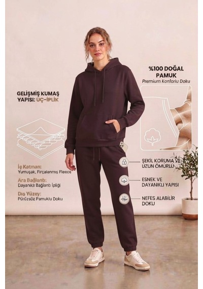 Moibody Kadın 3 İplik Şardonlu Eşofman Takımı Premium Kapüşonlu Sweatshirt Ve Jogger Alt Acı Kahve Acı Kahve Moibody Kadın 3 İplik Şardonlu Eşofman Takımı Premium Kapüşonlu Sweatshirt Ve Jogger Alt Acı Kahve Acı Kahve