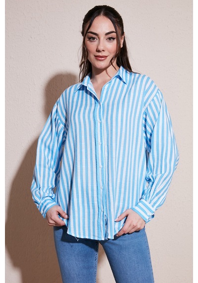 Fashion Friends Pamuklu Çizgili Oversize Uzun Kollu Gömlek Gömlek 26y0670k1 Mavi
