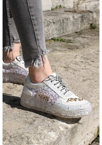 Astra Taşlı Desenli Şeffaf Taban Beyaz Renkli Kadın Sneaker-beyaz Beyaz
