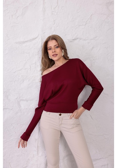Ckm Moda Luna Yarasa Kol Bel Büzgü Detaylı Bluz Bordo