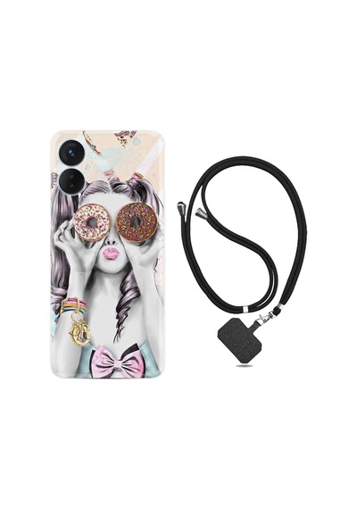 Tecno Spark 9 Pro Kılıf İpli Boyun Askılı Desenli Silikon Donut Girl 1408