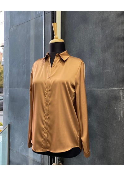 Pera Moda Saten Yüzeyli Fitted Gömlek Kahve