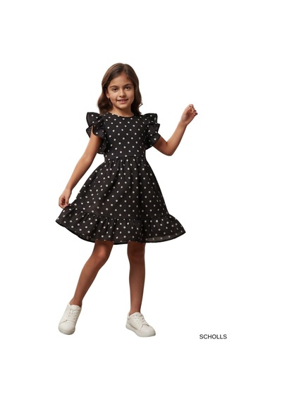 New Kids Kız Çocuk Elbise Puantiyeli Kol Fırfır Manşetli Etek Fırfır Detaylı Krmz Yeni Sezon -91247 Siyah