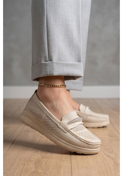 Aura Comfort Ortopedik Tabanlı Işıltı Detaylı Kadın Krem Günlük Casual Loafer Ayakkabı