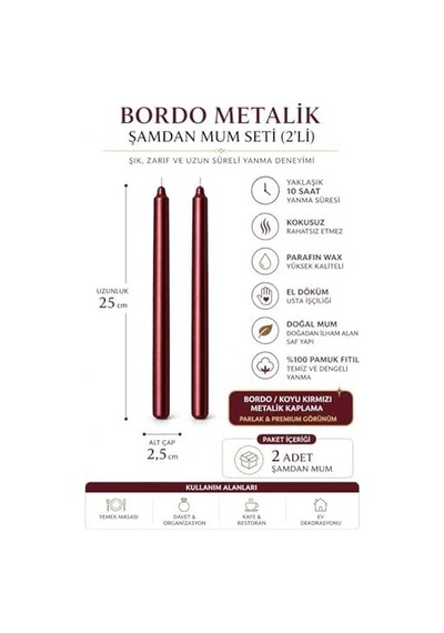 2 Li Bordo/koyu Kırmızı Metalik Şamdan Mum Seti 25 Cm Dekoratif İnce Şamdan Mum, Kokusuz Parafin Wax,%100 Pamuk Fitil, El Döküm, Uzun Süre Yanma 10 Saat , Şık Sofra, Davet, Nişan, Düğün Diğer 2 Li Bordo/koyu Kırmızı Metalik Şamdan Mum Seti 25 Cm Dekoratif İnce Şamdan Mum, Kokusuz Parafin Wax,%100 Pamuk Fitil, El Döküm, Uzun Süre Yanma 10 Saat , Şık Sofra, Davet, Nişan, Düğün Diğer